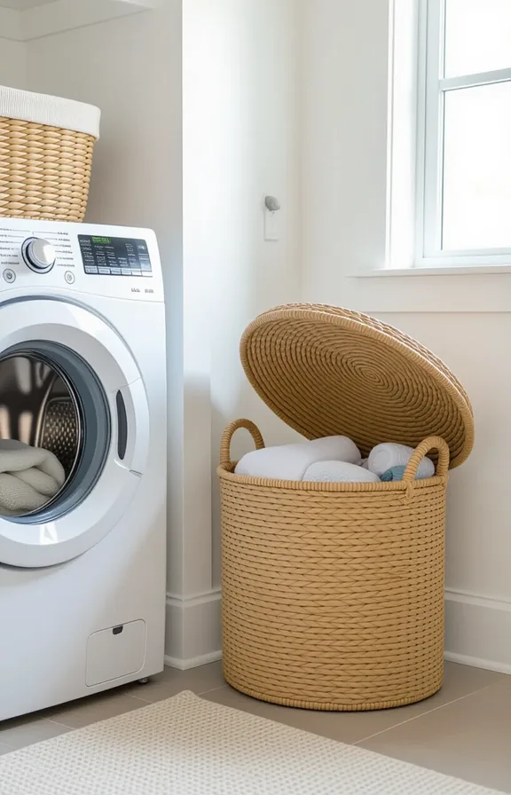 3/4 view laundry closet with white walls. large
