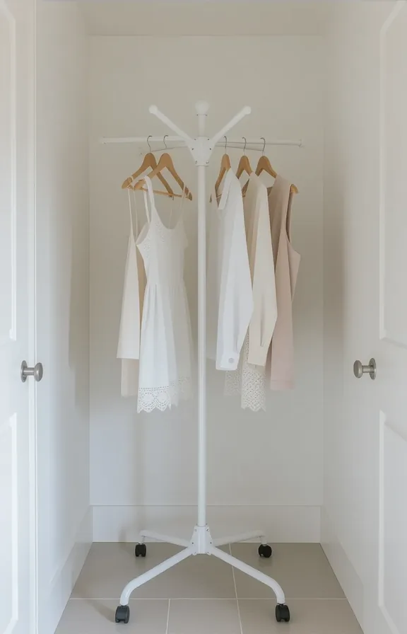 medium shot narrow laundry room with white walls.