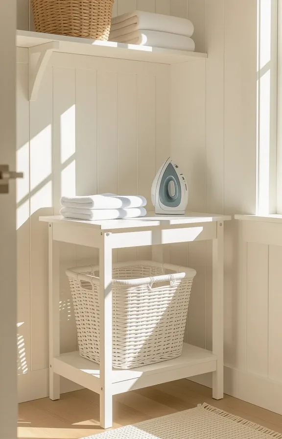 3/4 view small laundry area with white walls.