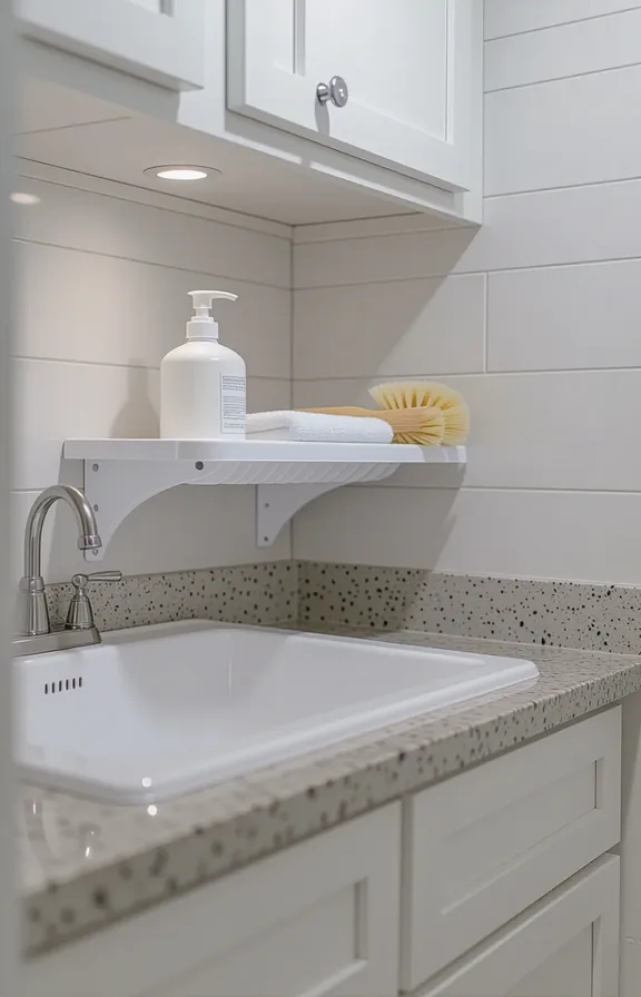 medium shot laundry room countertop with white walls.