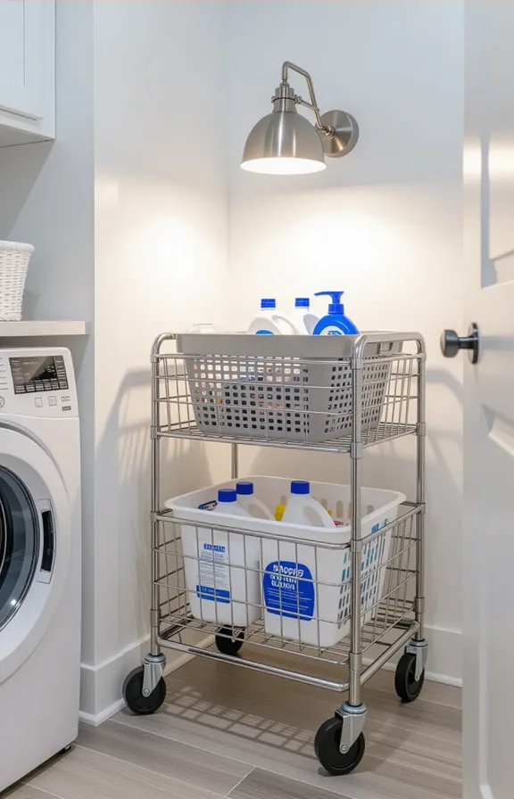 3/4 view compact laundry room with white walls.