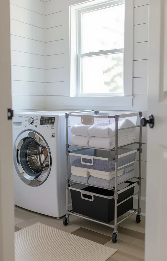 medium shot small compact laundry room with white
