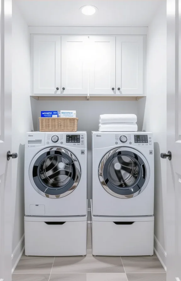 medium shot compact laundry room with white walls.