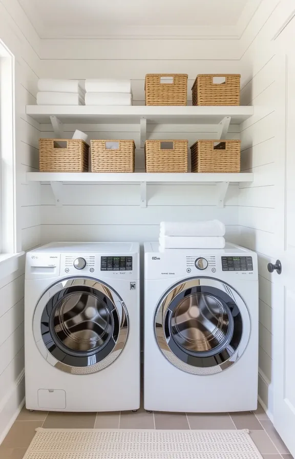 medium shot laundry nook with white painted walls.