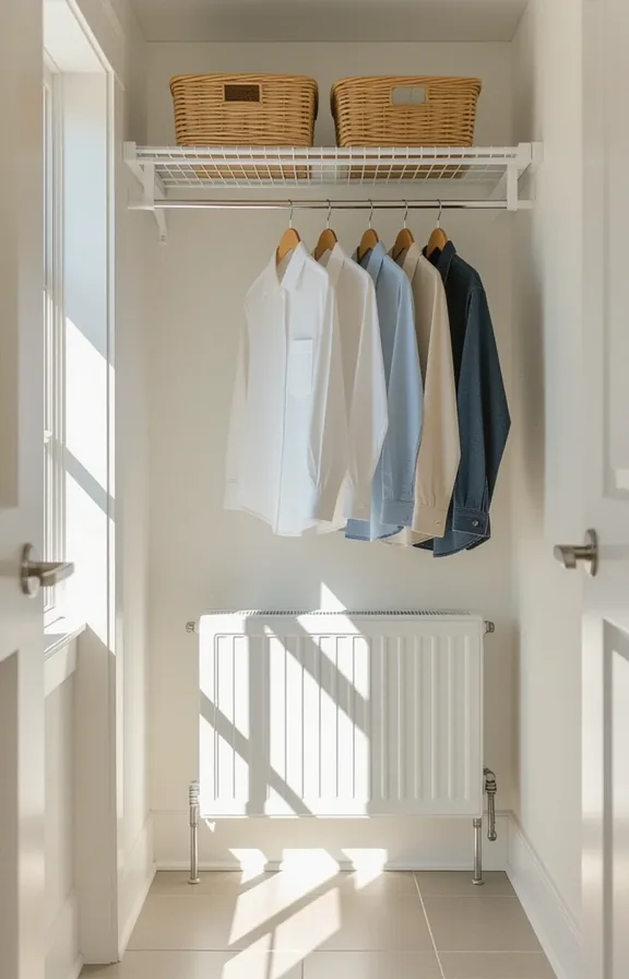 3/4 view small laundry room with white walls.