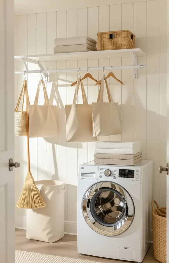 medium shot compact laundry area with white walls.
