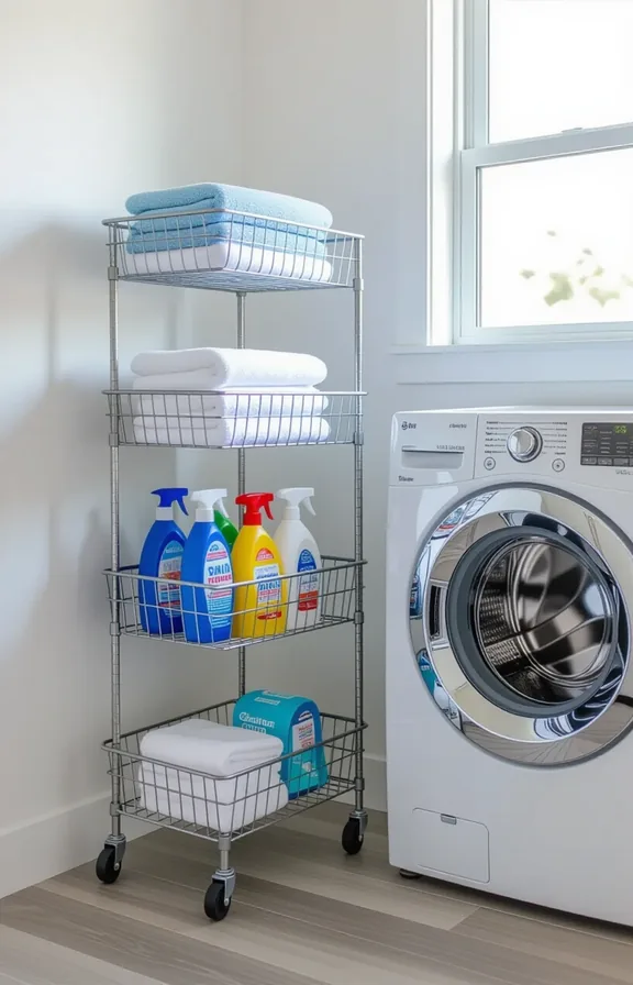 3/4 view small laundry room with white walls.