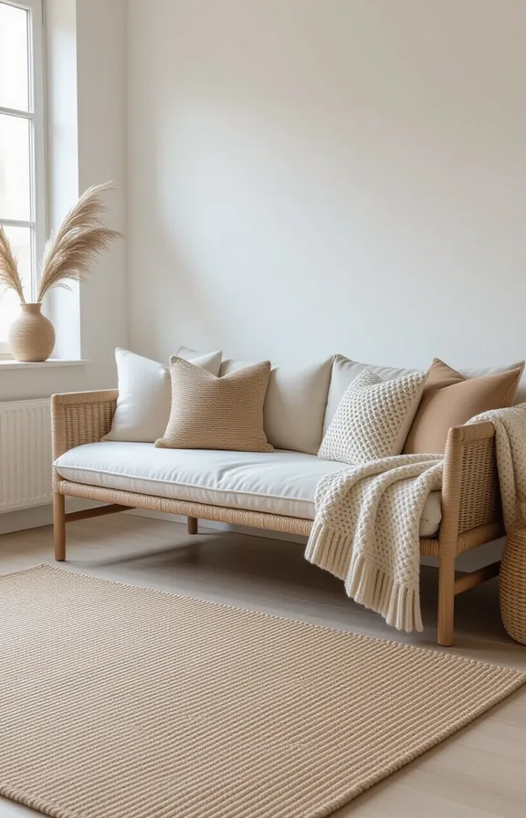 Eye-level wide shot layered jute and wool rug