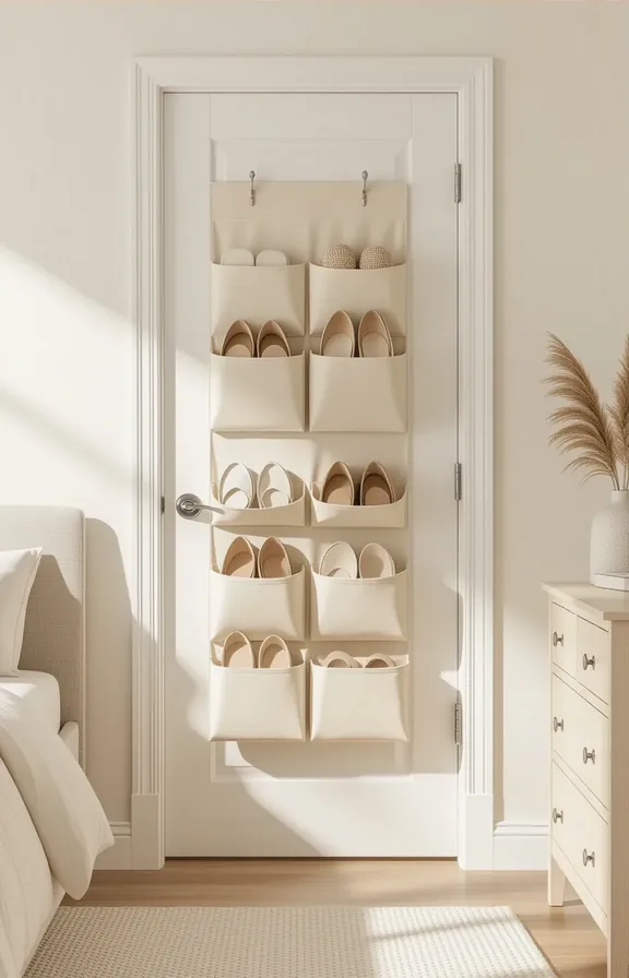 over-the-door fabric shoe organizer plain white door bedroom.