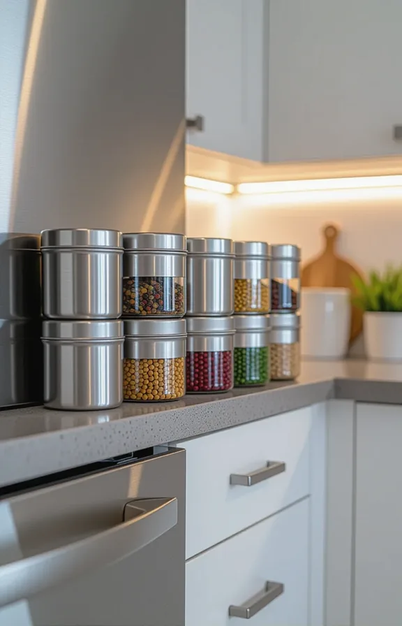 Close medium shot magnetic spice tins arranged the