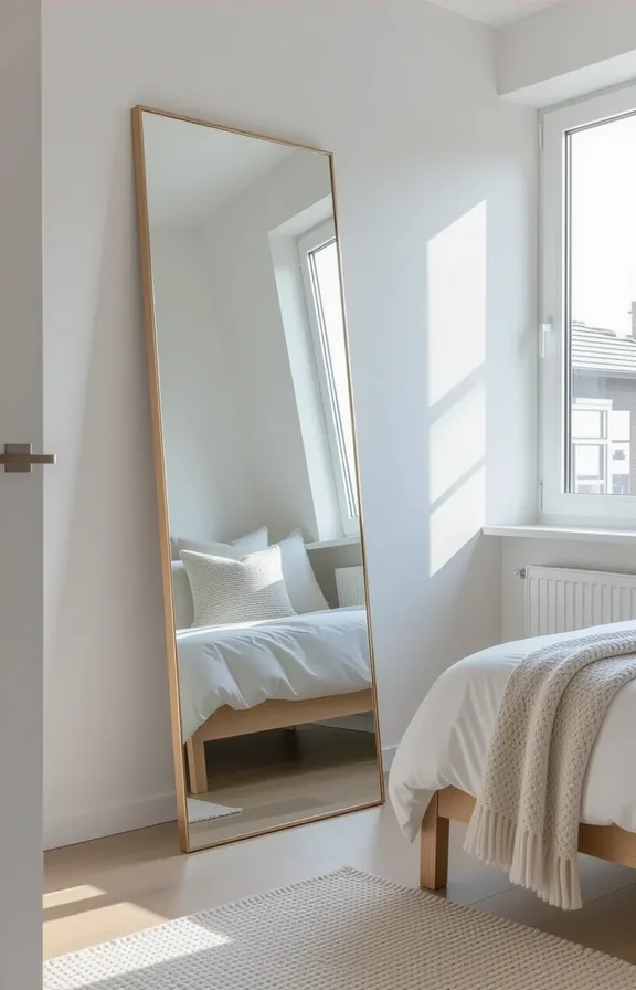 Wide shot large leaning floor mirror the corner