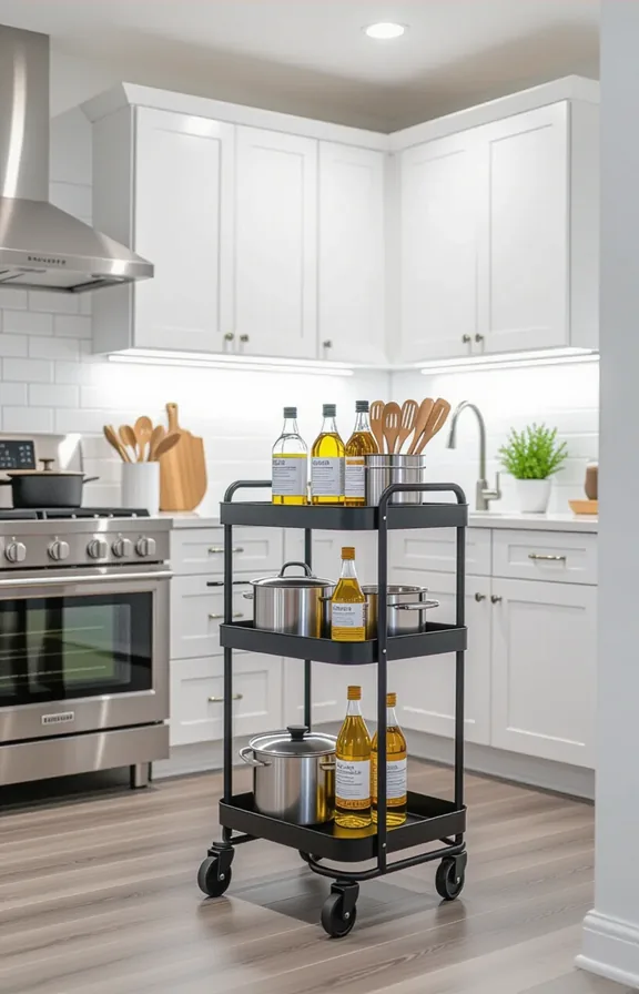 3/4 view three-tiered metal rolling cart small kitchen.