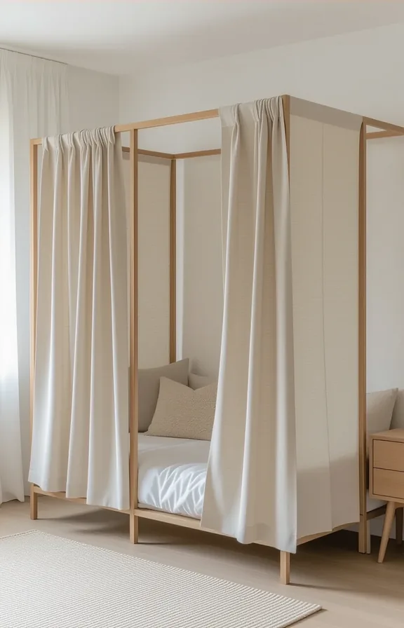 Medium shot freestanding room divider covered neutral fabric