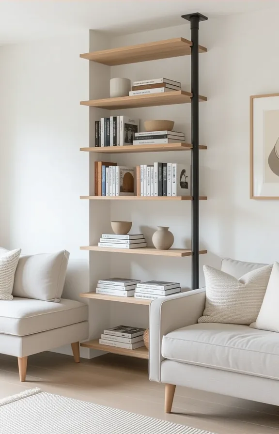 tension pole shelf unit installed between floor and