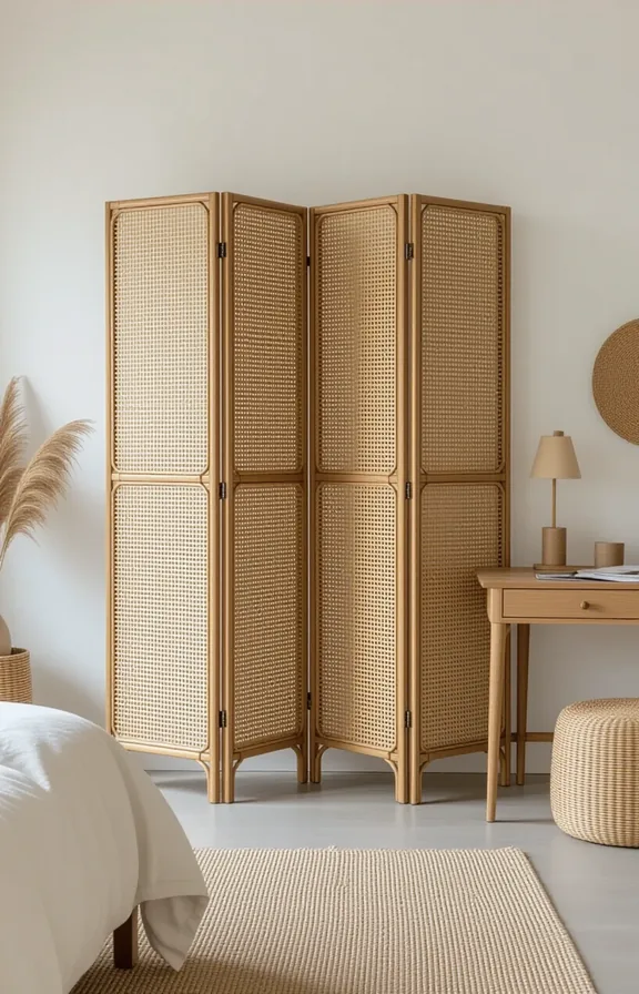 Wide shot tall freestanding folding screen with natural