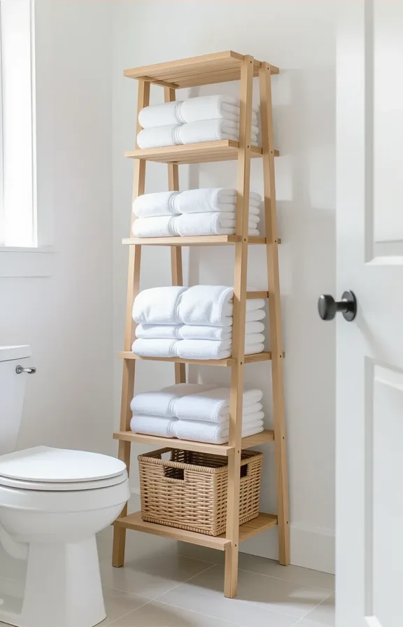 Medium shot tall slim freestanding shelf unit over