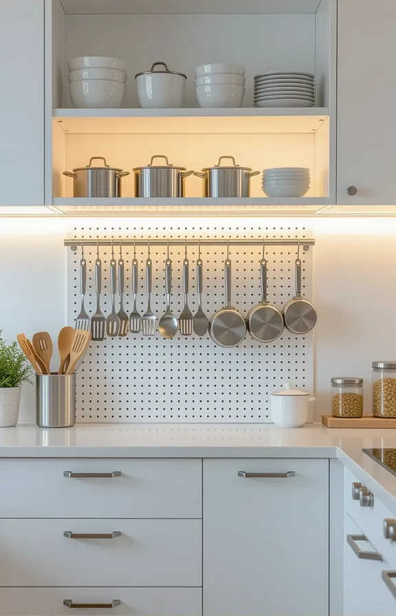 Medium shot white pegboard mounted with command strips