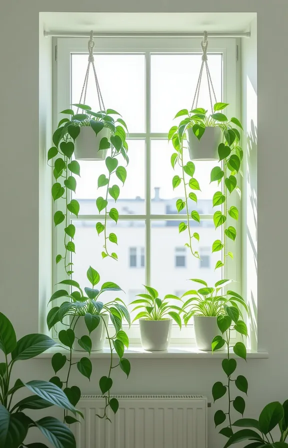 Eye-level view tension rod suspended window filled with