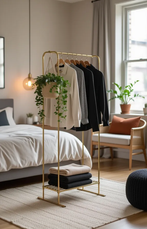 3/4 view freestanding brass clothing rack placed divide