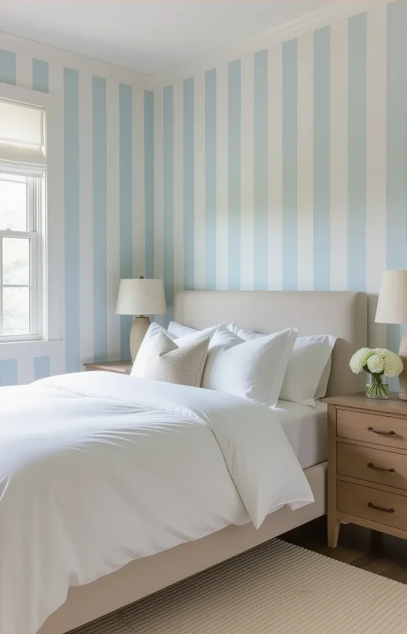 bedroom with vertical sky blue and white striped