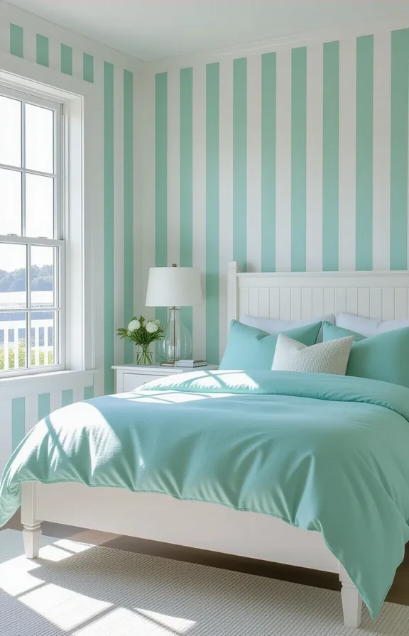 bedroom with vertical seafoam green and white striped