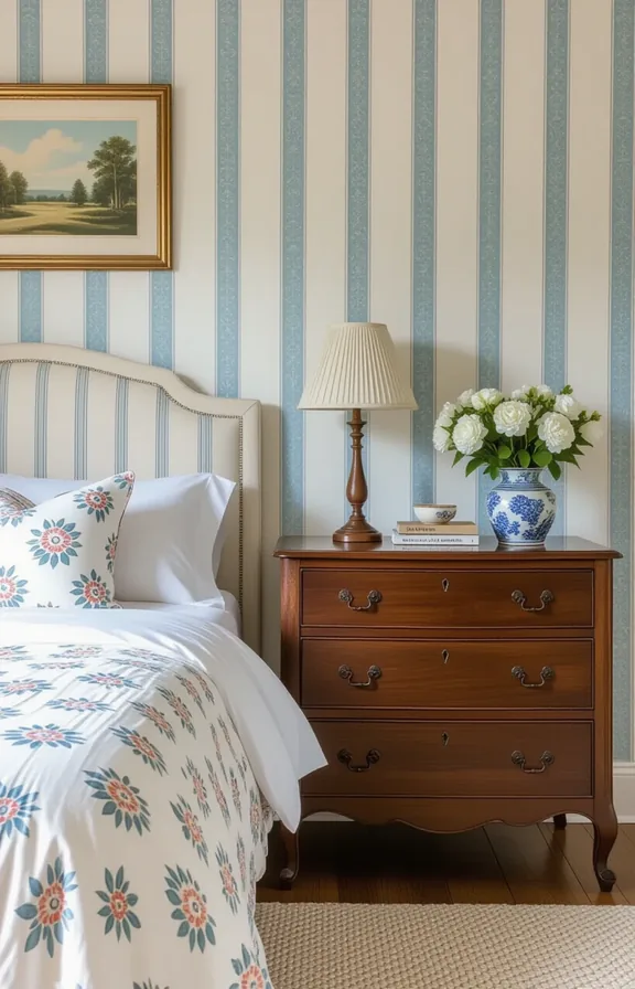 bedroom with vintage-style French blue and white tick-stripe