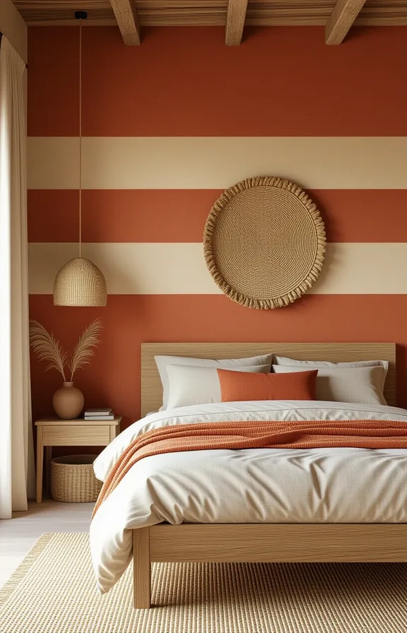 bedroom with warm terracotta and sand-coloured horizontal striped