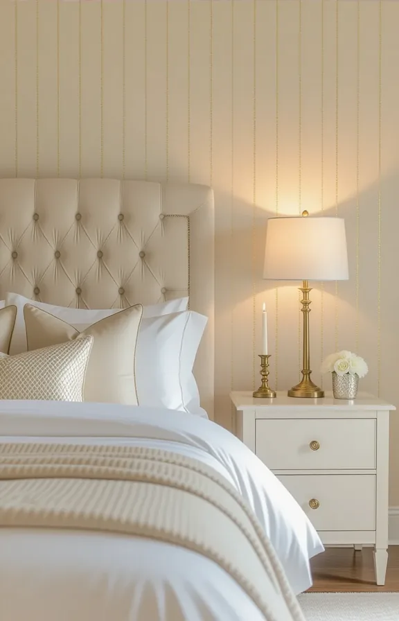 bedroom with cream wallpaper featuring subtle vertical stripes