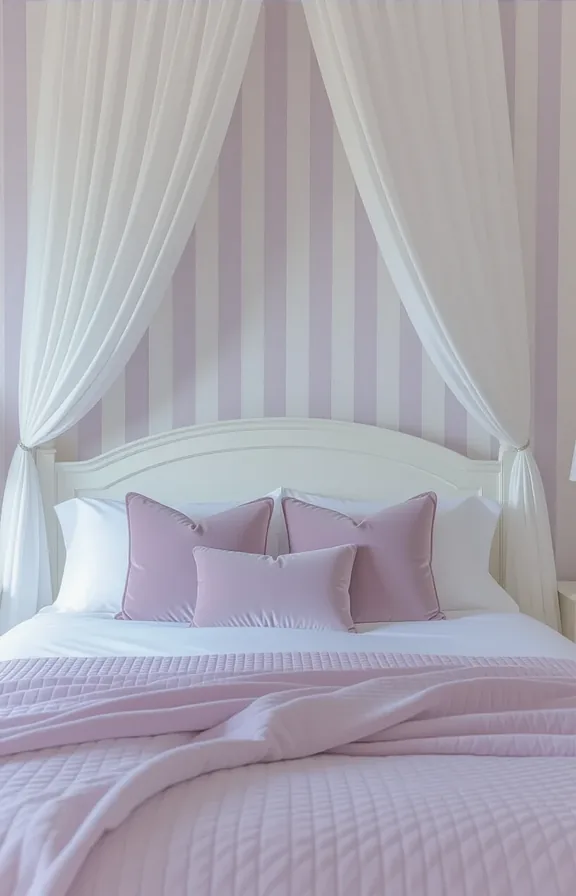 bedroom with soft lavender and white pin-stripe wallpaper