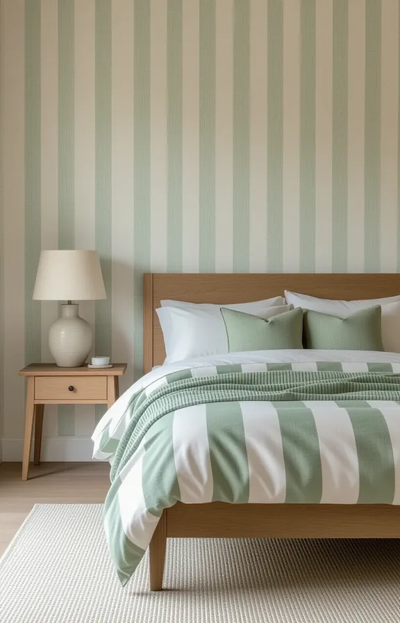 bedroom with sage green and off-white linen-look striped