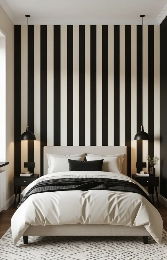 bedroom with single wall covered bold black and