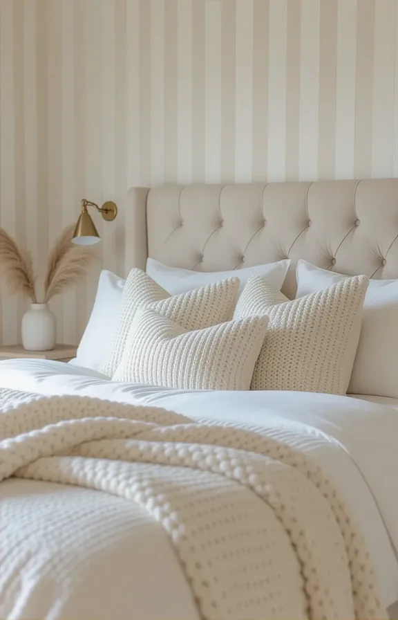 bedroom with bouclé-textured cream and beige striped wallpaper