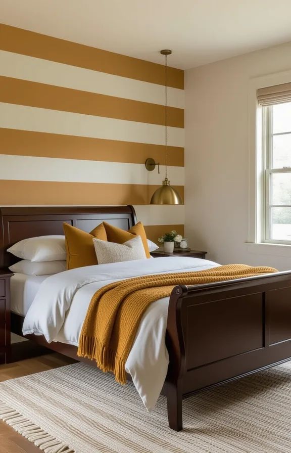 bedroom with wide horizontal stripes bold ochre and