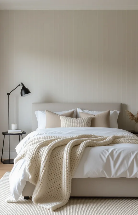 bedroom with very subtle vertical greige pinstripe wallpaper