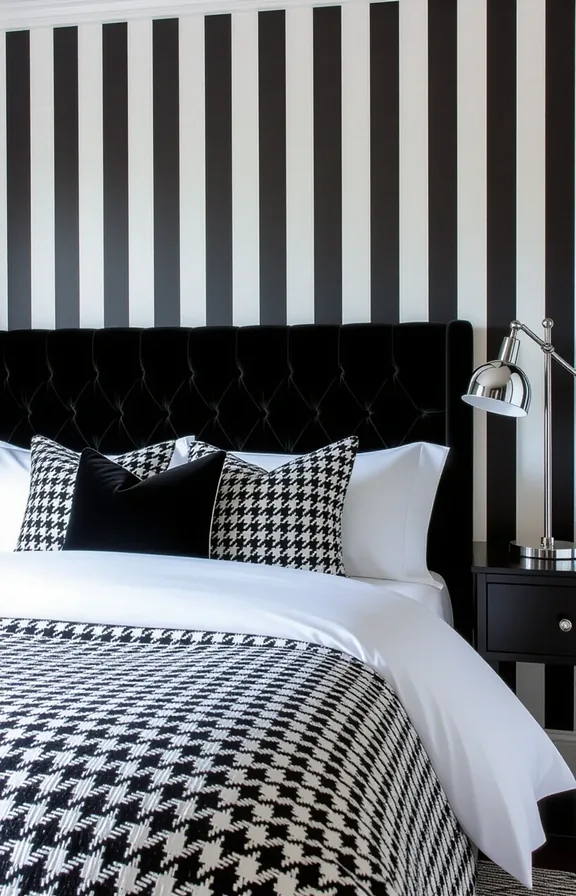bedroom with black and white striped wallpaper that
