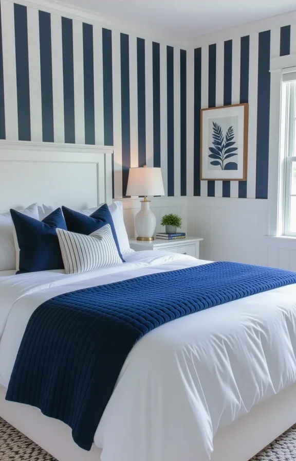 bedroom with white bed against headboard wall covered