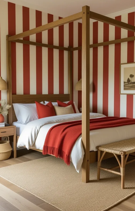 bedroom with wide horizontal stripes rust and cream