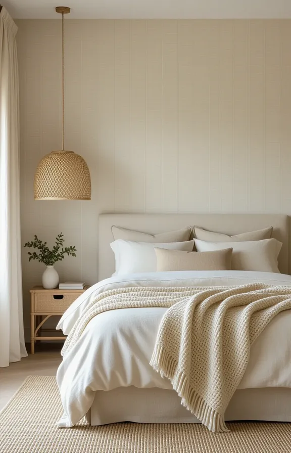 bedroom with subtle cream and beige textured stripes