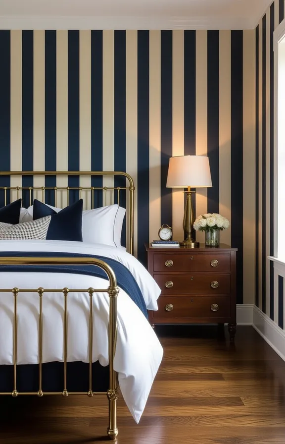 bedroom with bold navy blue and beige vertical