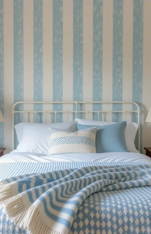 bedroom with faded denim blue and white vertical