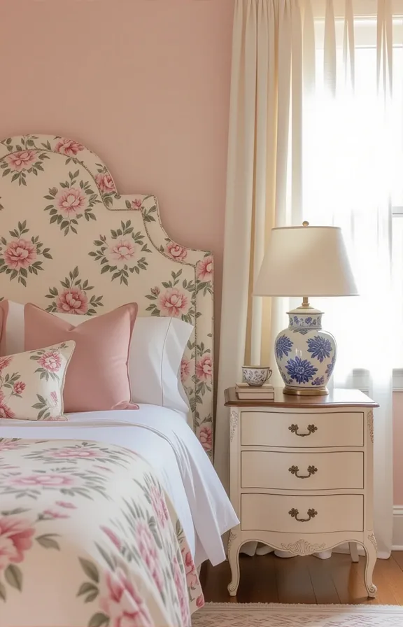 medium shot eye-level view bedroom. high-backed bed with