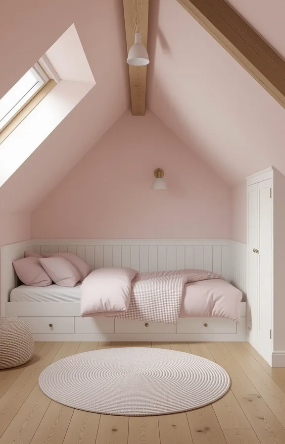 wide shot eye-level view small attic bedroom. The