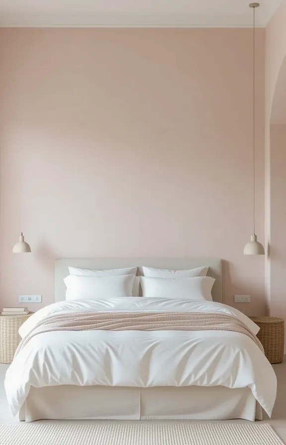 medium shot eye-level view bedroom. Textured plaster walls