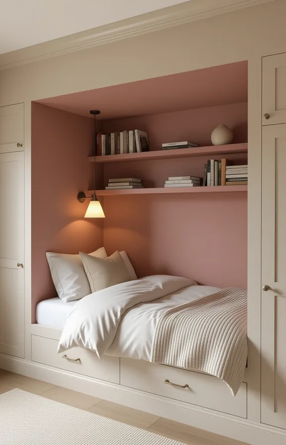 medium shot 3/4 view bedroom nook. built-in bed