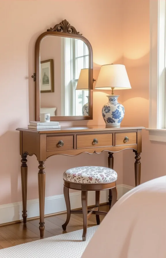 medium shot eye-level view bedroom dressing area. antique