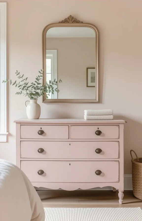 medium shot 3/4 view bedroom. vintage wooden dresser
