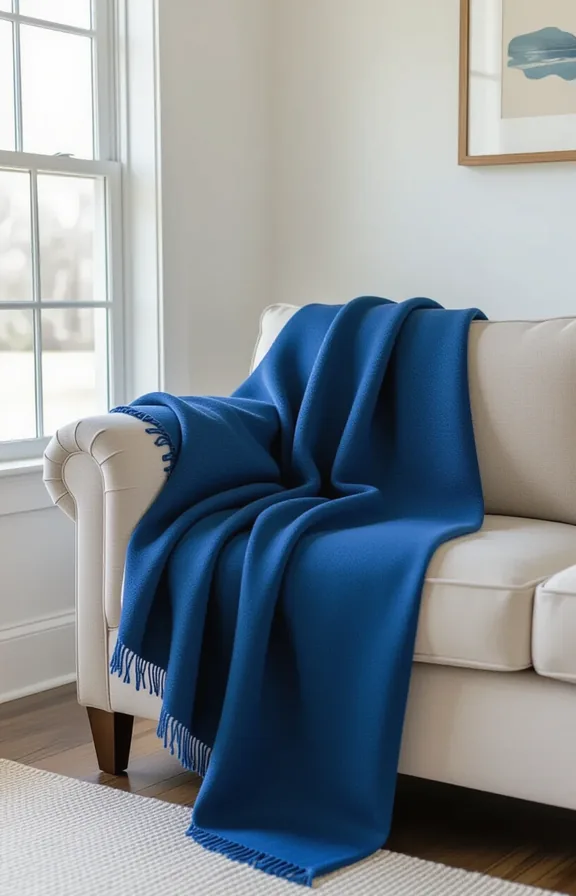 Medium shot natural indigo throw blanket draped over