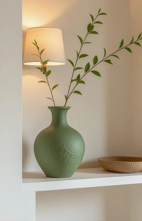 Medium shot moss green clay vase placed niche