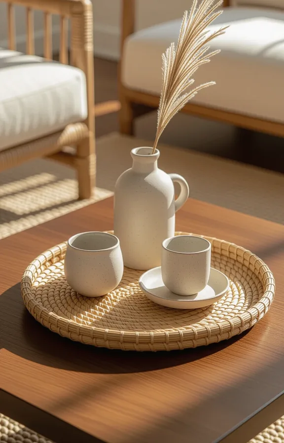 Medium shot single handwoven tray centered living room
