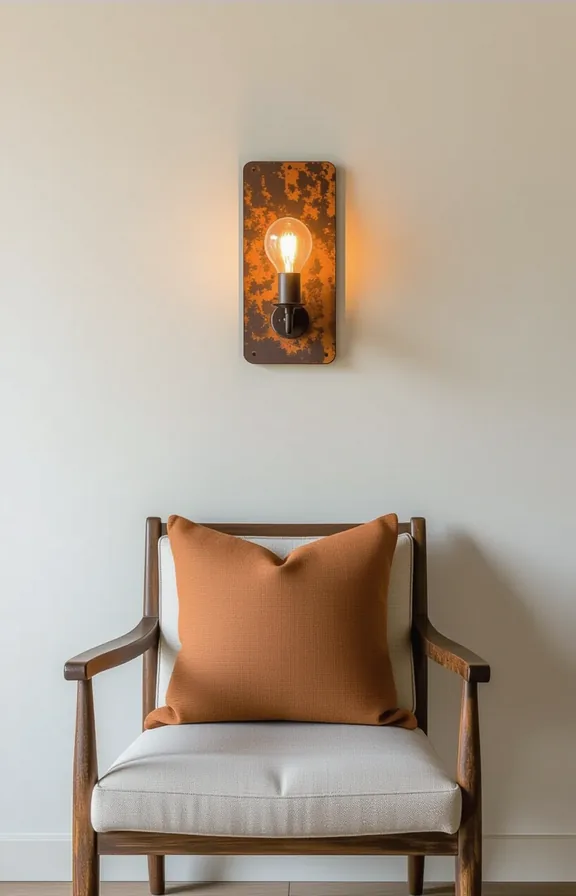 Medium shot rust patina metal sconce living room